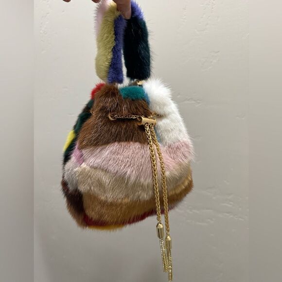 Handmade Color-block Genuine Mink Fur & Drawstring Bucket Bag Includes 2 Straps - Picture 11 of 16